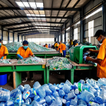 **

A bustling recycling factory in Shah Alam, Malaysia, with workers sorting materials and a machine transforming old plastic bottles into stylish furniture. Focus on the contrast between waste and valuable new products.

**