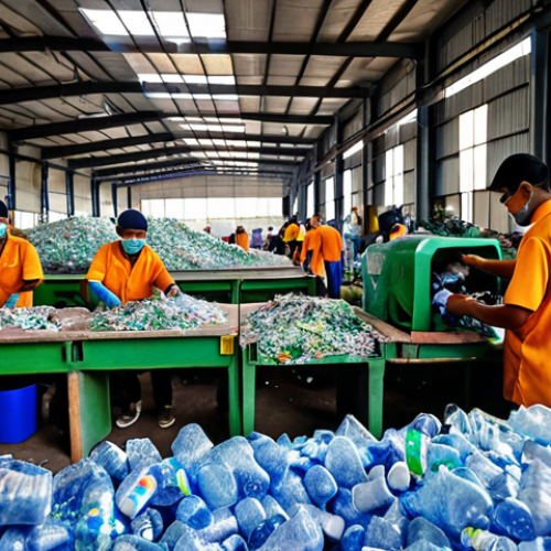 Home 4 **
A bustling recycling factory in Shah Alam, Malaysia, with workers sorting materials and a machine transforming old plastic bottles into stylish furniture. Focus on the contrast between waste and valuable new products.
**