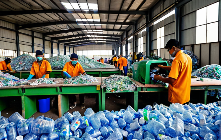 **

A bustling recycling factory in Shah Alam, Malaysia, with workers sorting materials and a machine transforming old plastic bottles into stylish furniture. Focus on the contrast between waste and valuable new products.

**