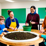A diverse group of adults and children, fully clothed in modest, appropriate attire, actively participating in a hands-on community workshop focused on circular economy principles. One adult is demonstrating how to make compost from organic waste, while others are engaged in upcycling discarded materials into useful items, like repairing a small appliance or creating art. The setting is a bright, welcoming community center with natural light. perfect anatomy, correct proportions, natural pose, well-formed hands, proper finger count, natural body proportions, safe for work, appropriate content, family-friendly, high quality professional photography.