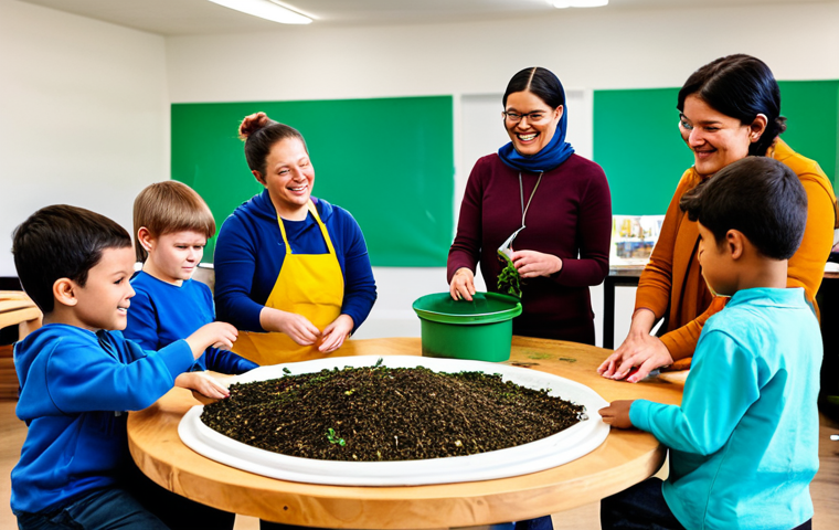 A diverse group of adults and children, fully clothed in modest, appropriate attire, actively participating in a hands-on community workshop focused on circular economy principles. One adult is demonstrating how to make compost from organic waste, while others are engaged in upcycling discarded materials into useful items, like repairing a small appliance or creating art. The setting is a bright, welcoming community center with natural light. perfect anatomy, correct proportions, natural pose, well-formed hands, proper finger count, natural body proportions, safe for work, appropriate content, family-friendly, high quality professional photography.
